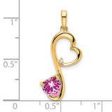 Created Pink Sapphire and Diamond Heart Charm Pendant in Real 14k Yellow Gold