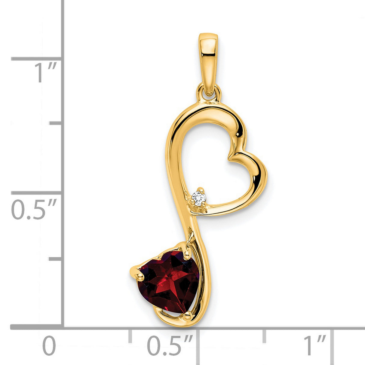 14k Yellow Gold Heart Pendant with Red Garnet and Diamond Accent, Open Heart Design for Women