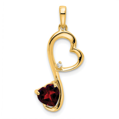 14k Yellow Gold Heart Pendant with Red Garnet and Diamond Accent, Open Heart Design for Women