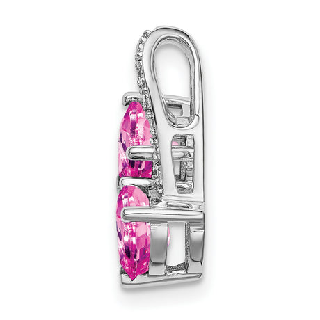 14k White Gold Pendant with Pink Lab Created Sapphire, Diamond Accents, Dual Heart Design