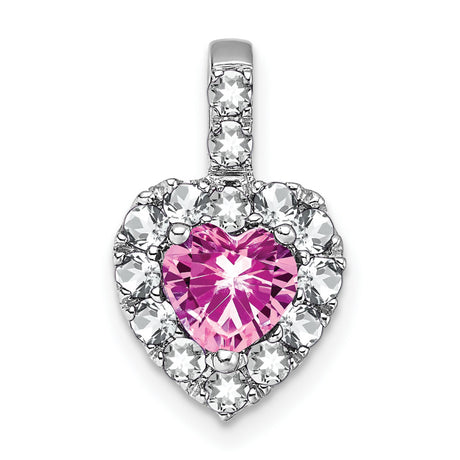 14k White Gold Heart Pendant with Created Pink Sapphire and White Topaz Halo