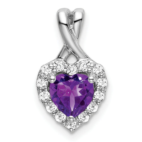 14k White Gold Heart Pendant with Amethyst Center and Diamond Accents, Halo Design