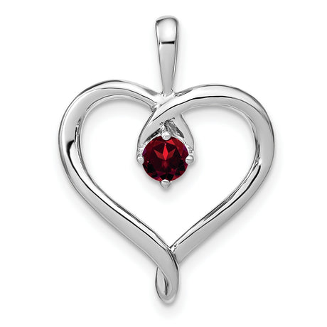 14k White Gold Heart Pendant with Round Garnet, Open Heart Design for Women