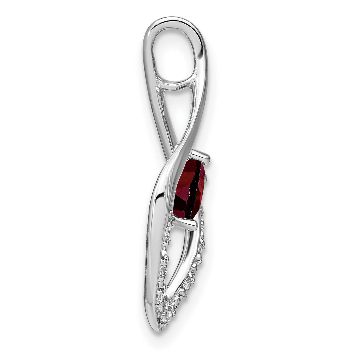 14k White Gold Heart Pendant with Red Garnet and Diamond Accents, Flame Design