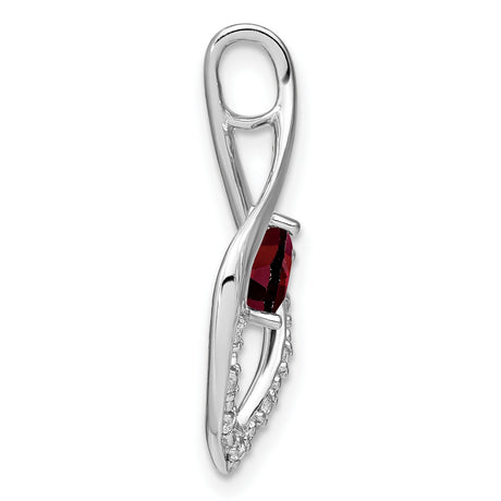 14k White Gold Heart Pendant with Red Garnet and Diamond Accents, Flame Design