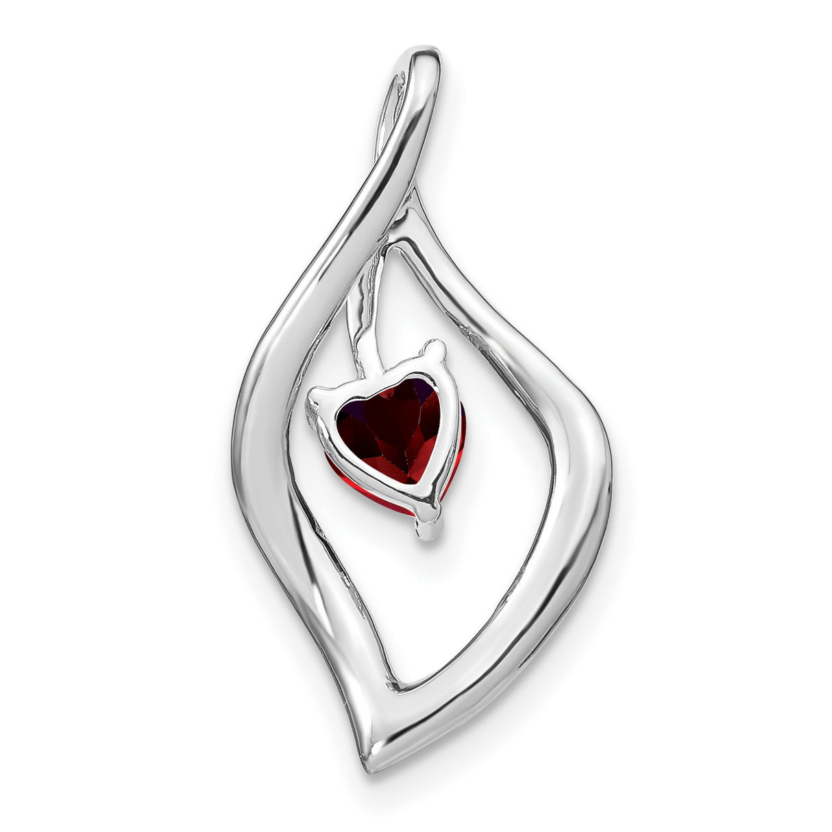 14k White Gold Heart Pendant with Red Garnet and Diamond Accents, Flame Design