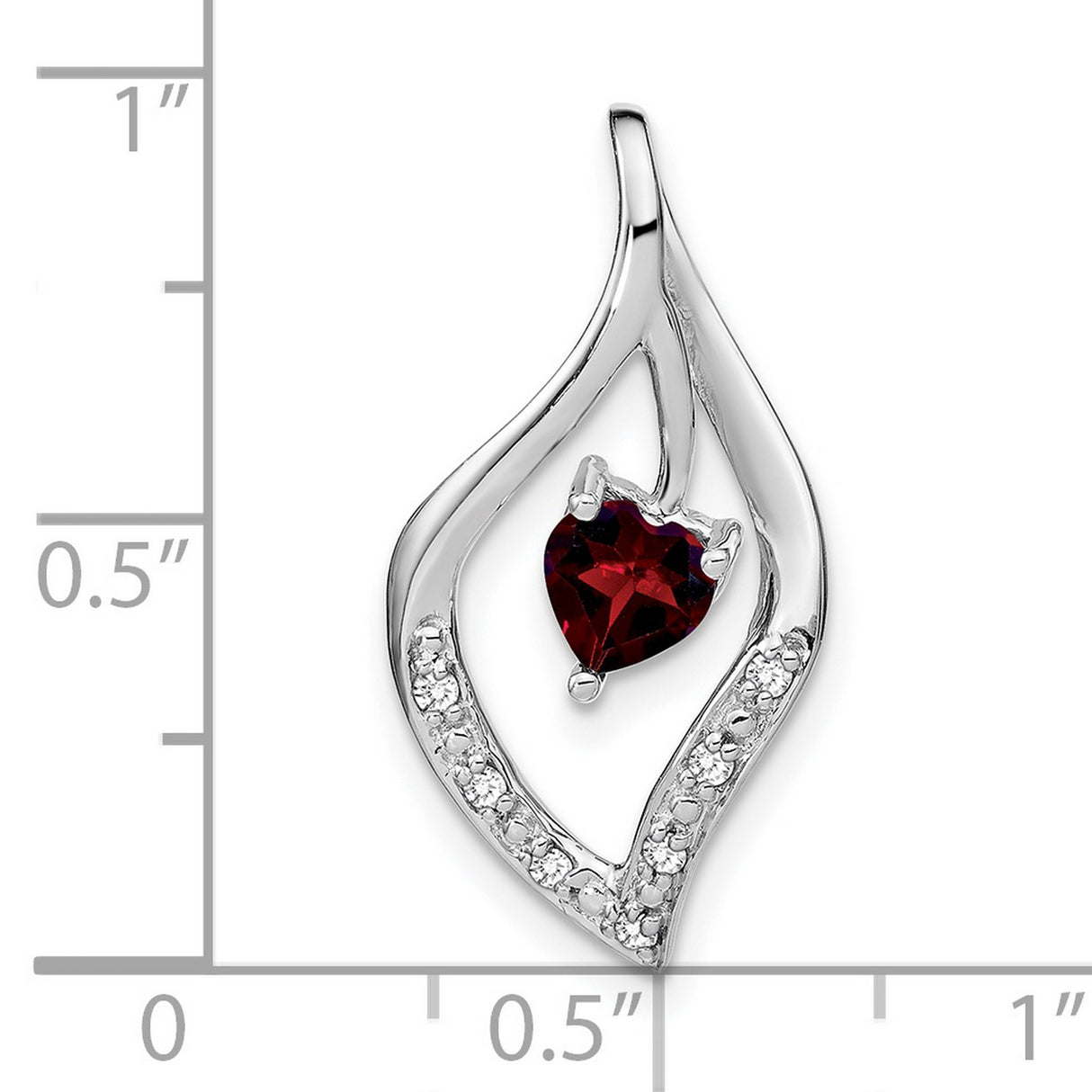14k White Gold Heart Pendant with Red Garnet and Diamond Accents, Flame Design