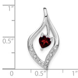 14k White Gold Heart Pendant with Red Garnet and Diamond Accents, Flame Design