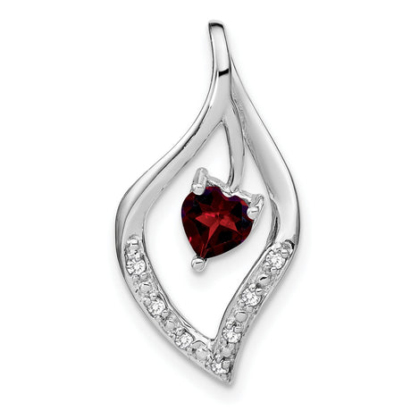 14k White Gold Heart Pendant with Red Garnet and Diamond Accents, Flame Design