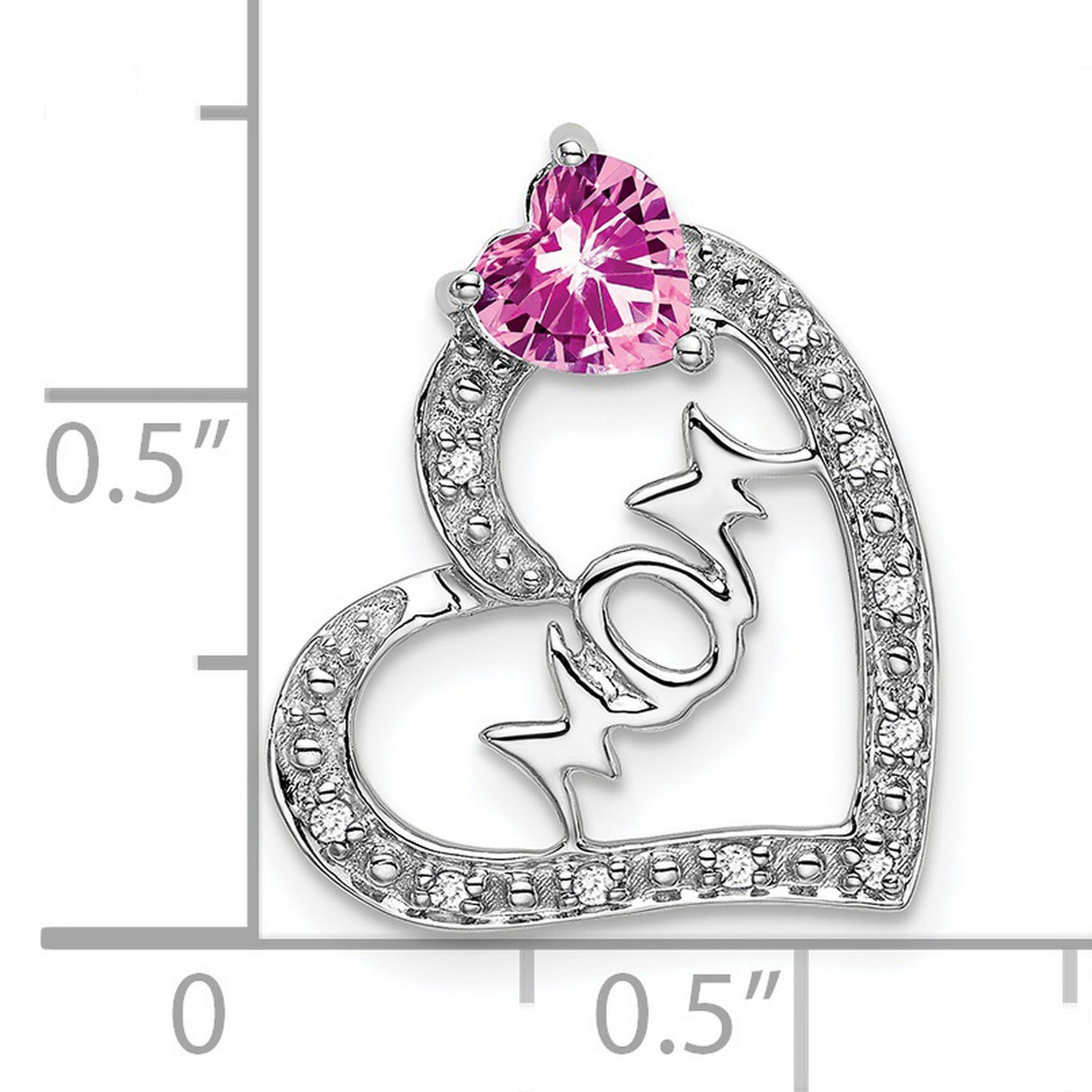 14k White Gold Heart Pendant with Pink Lab Created Sapphire and Cubic Zirconia Accents