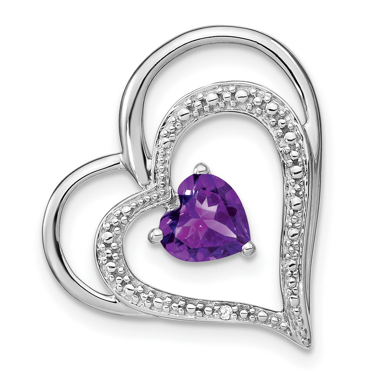 Amethyst and Diamond Heart Chain Slide Charm Pendant in Real 10k White Gold