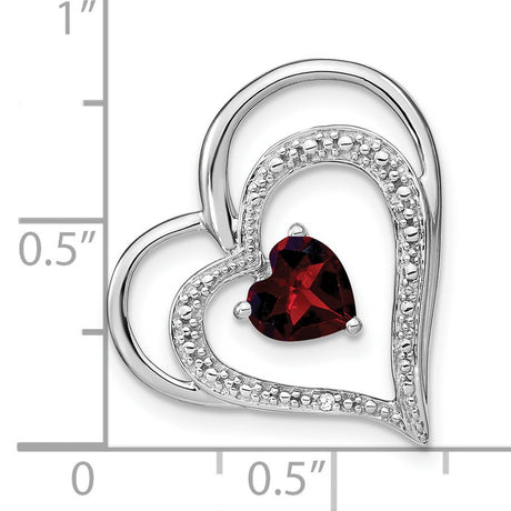 14k White Gold Heart Pendant with Garnet and Diamond, Double Open Heart Design for Women