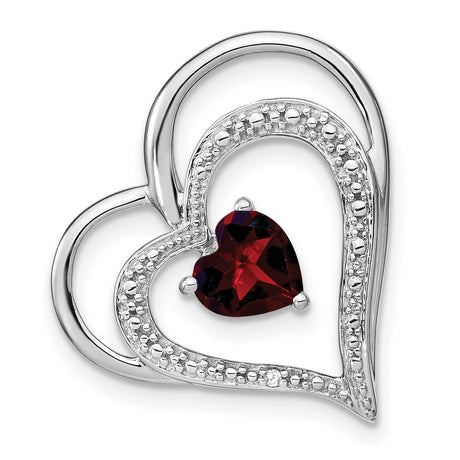 14k White Gold Heart Pendant with Garnet and Diamond, Double Open Heart Design for Women