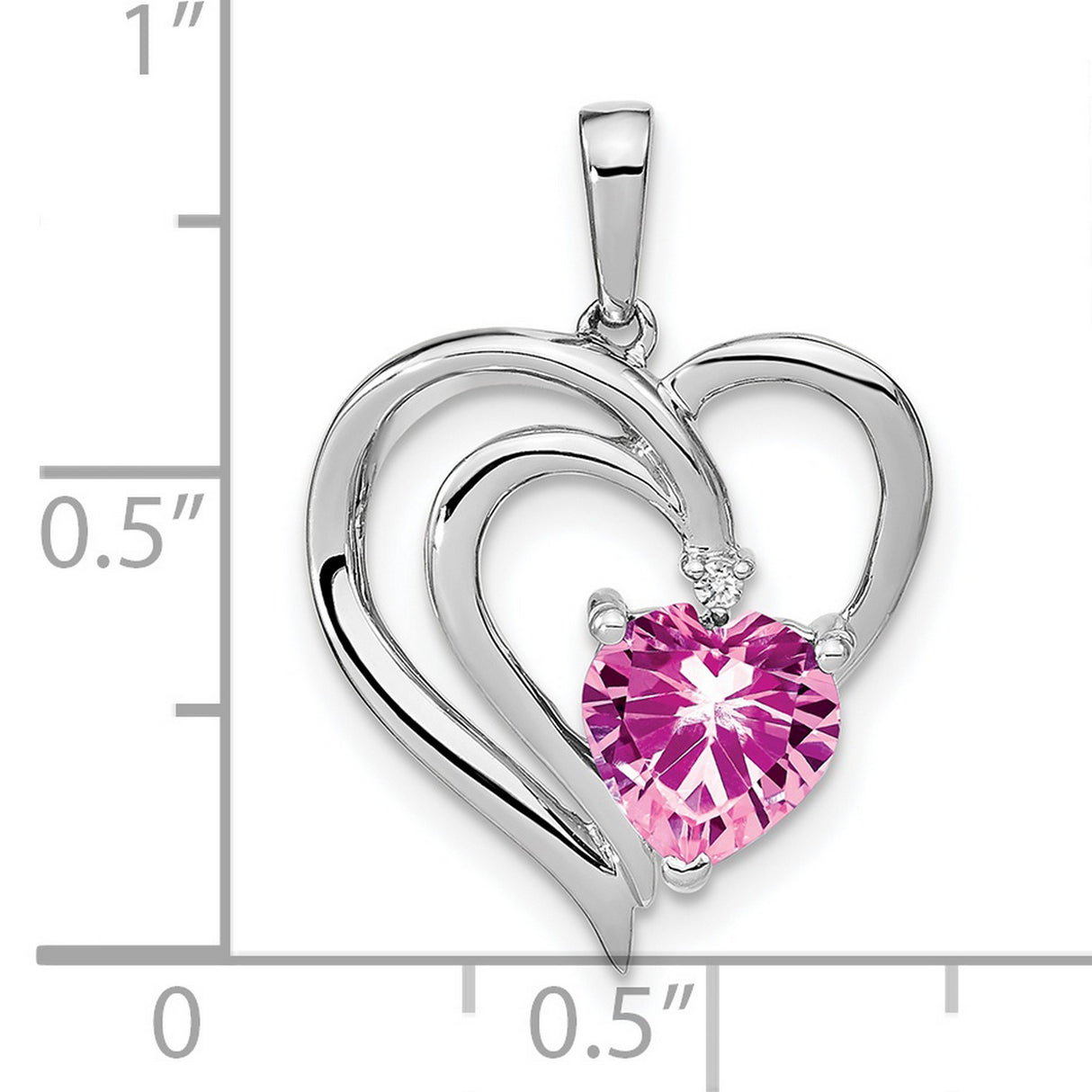 Sterling Silver Heart Pendant with Created Pink Sapphire and Diamond, Double Open Heart Design