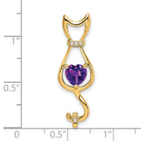 Amethyst and Diamond Cat Charm Pendant in Real 14k Yellow Gold