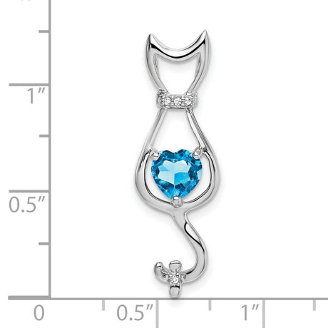 Blue Topaz and Diamond Cat Charm Pendant in Real 10k White Gold