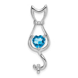 Blue Topaz and Diamond Cat Charm Pendant in Real 10k White Gold