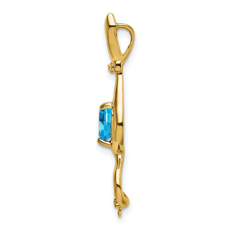 Blue Topaz and Diamond Cat Charm Pendant in Real 10k Yellow Gold