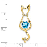 Blue Topaz and Diamond Cat Charm Pendant in Real 10k Yellow Gold