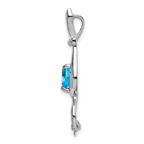 Blue Topaz and Diamond Cat Charm Pendant in Real 14k White Gold