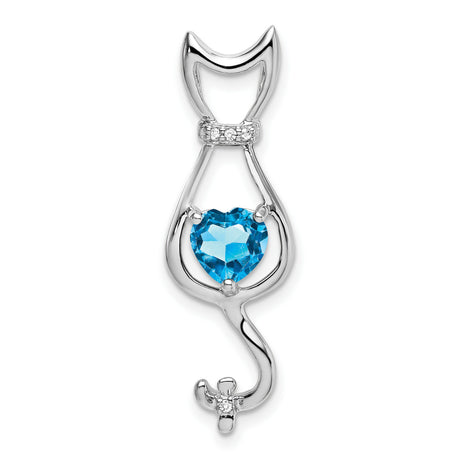 Blue Topaz and Diamond Cat Charm Pendant in Real 14k White Gold