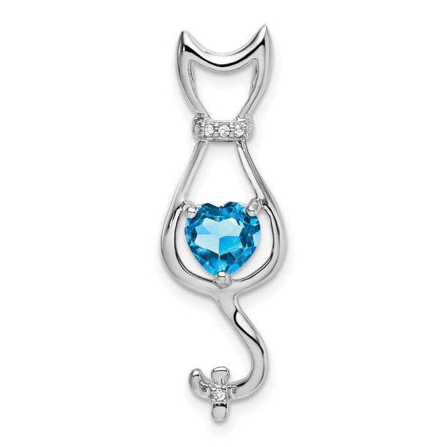 Blue Topaz and Diamond Cat Charm Pendant in Real 14k White Gold
