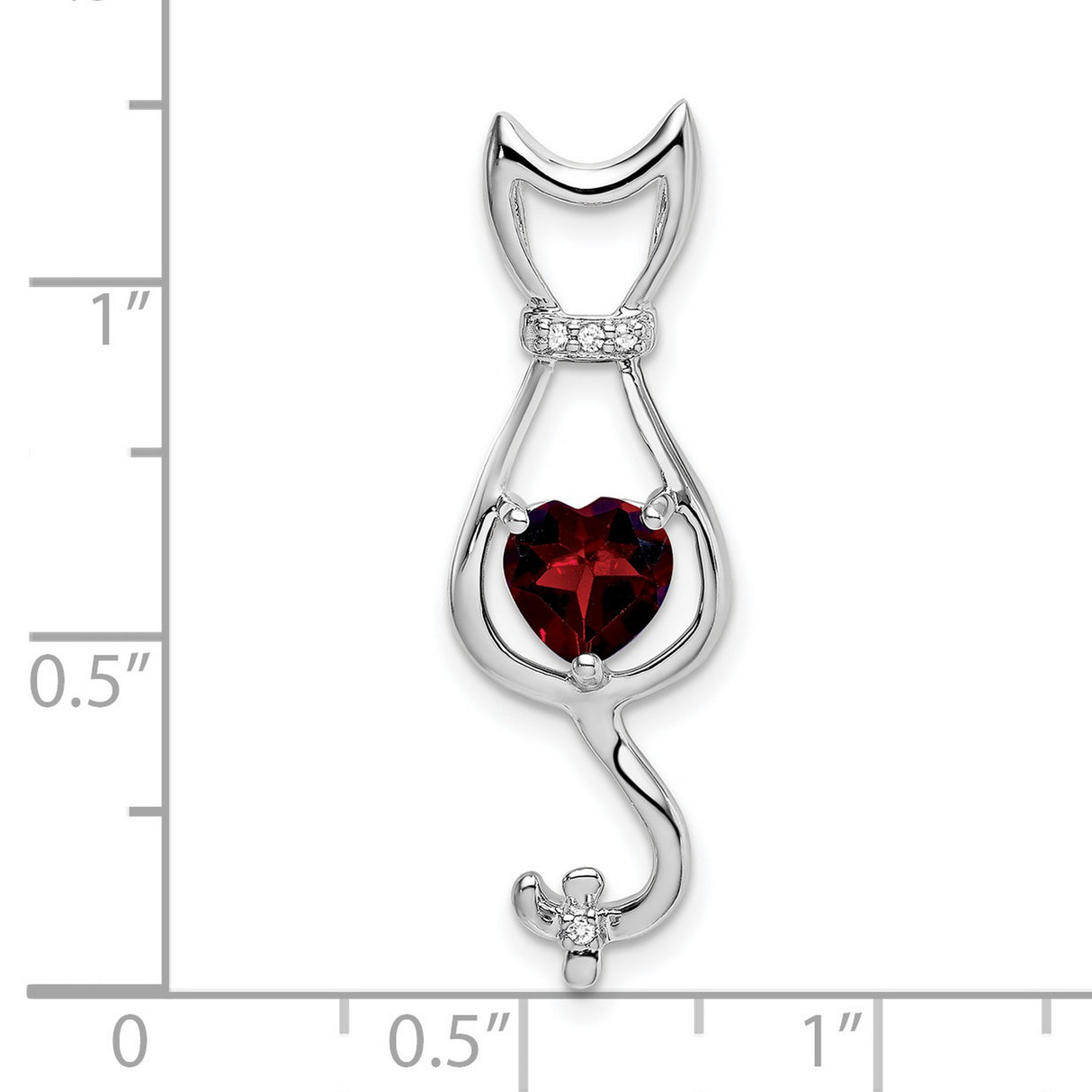 Garnet and Diamond Cat Charm Pendant in Real 14k White Gold