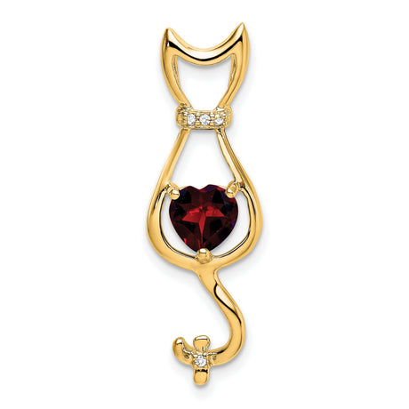 Garnet and Diamond Cat Charm Pendant in Real 14k Yellow Gold