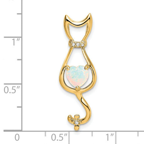 Created Opal and Diamond Cat Charm Pendant in Real 14k Yellow Gold
