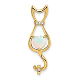 Created Opal and Diamond Cat Charm Pendant in Real 14k Yellow Gold