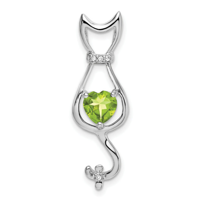 Peridot and Diamond Cat Charm Pendant in Real 10k White Gold