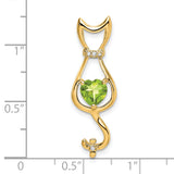 Peridot and Diamond Cat Charm Pendant in Real 14k Yellow Gold