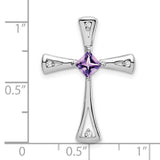 10k White Gold Cross Pendant with Amethyst and Diamond Accents, Flared Arms, Polished Finish