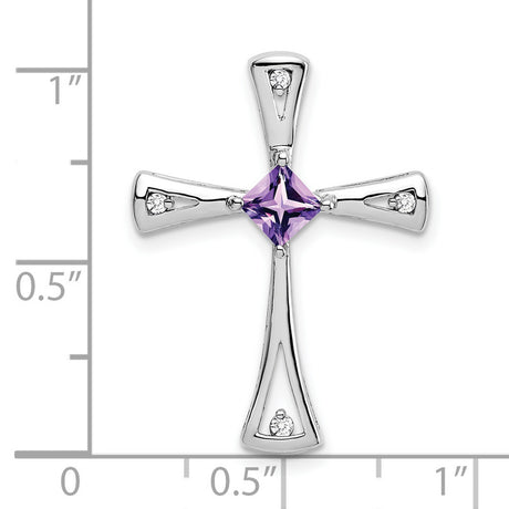 10k White Gold Cross Pendant with Amethyst and Diamond Accents, Flared Arms, Polished Finish