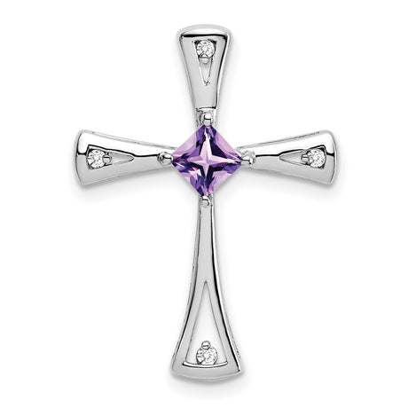 10k White Gold Cross Pendant with Amethyst and Diamond Accents, Flared Arms, Polished Finish