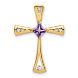 10k Yellow Gold Cross Pendant with Amethyst and Diamond, Spiritual Religious Charm