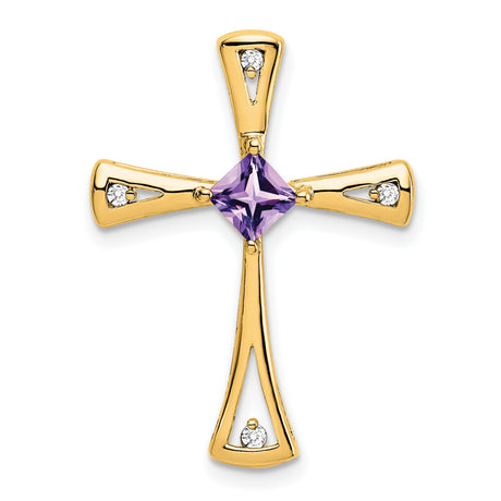 10k Yellow Gold Cross Pendant with Amethyst and Diamond, Spiritual Religious Charm