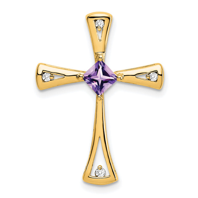 10k Yellow Gold Cross Pendant with Amethyst and Diamond, Spiritual Religious Charm