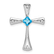14k White Gold Cross Pendant with Swiss Blue Topaz and Diamond, Flared Arms, Modern Design