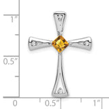 10k White Gold Cross Pendant with Citrine and Diamond Accents, Modern Tapered Faith Design