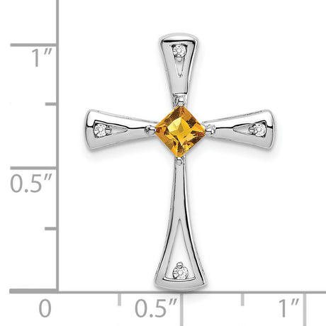 10k White Gold Cross Pendant with Citrine and Diamond Accents, Modern Tapered Faith Design