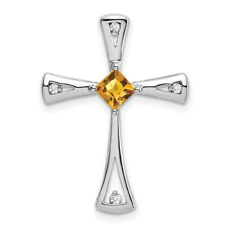 10k White Gold Cross Pendant with Citrine and Diamond Accents, Modern Tapered Faith Design