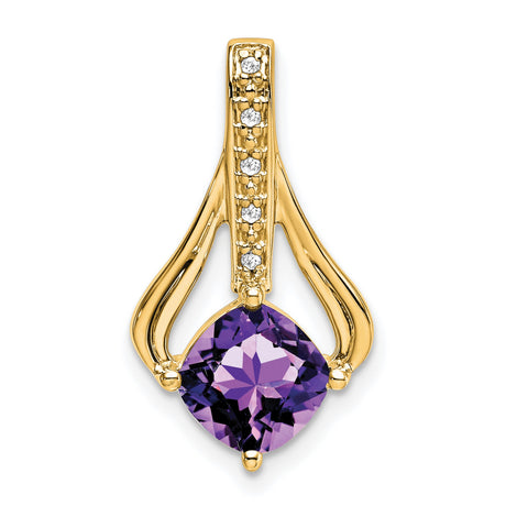 14k Yellow Gold Pendant with Cushion Cut Amethyst and Diamond Accents, Openwork Design