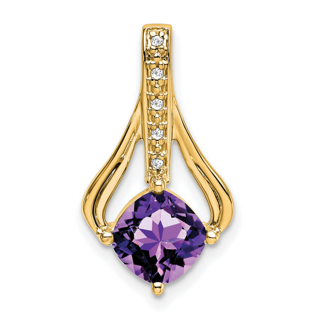 14k Yellow Gold Pendant with Cushion Cut Amethyst and Diamond Accents, Openwork Design