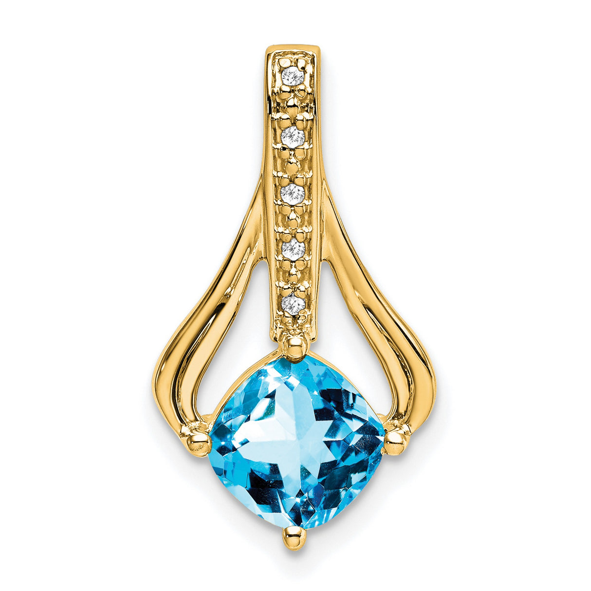 14k Yellow Gold Pendant with Swiss Blue Topaz, Diamond Accents and Curved Openwork Design