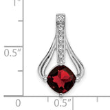 14k White Gold Pendant with Cushion Cut Garnet and Diamond Accents, Flowing Design for Women