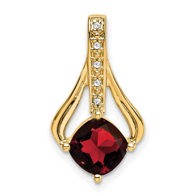14k Yellow Gold Pendant with Cushion Cut Garnet and Diamond Accents, Curved Design