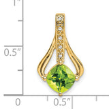 14k Yellow Gold Pendant with Cushion Cut Peridot and Diamond Accents, Flowing Design