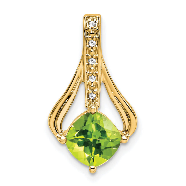 14k Yellow Gold Pendant with Cushion Cut Peridot and Diamond Accents, Flowing Design