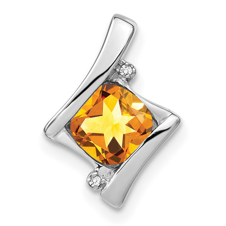 14k White Gold Pendant with Cushion Cut Citrine and Diamond Accents, Modern Abstract Design